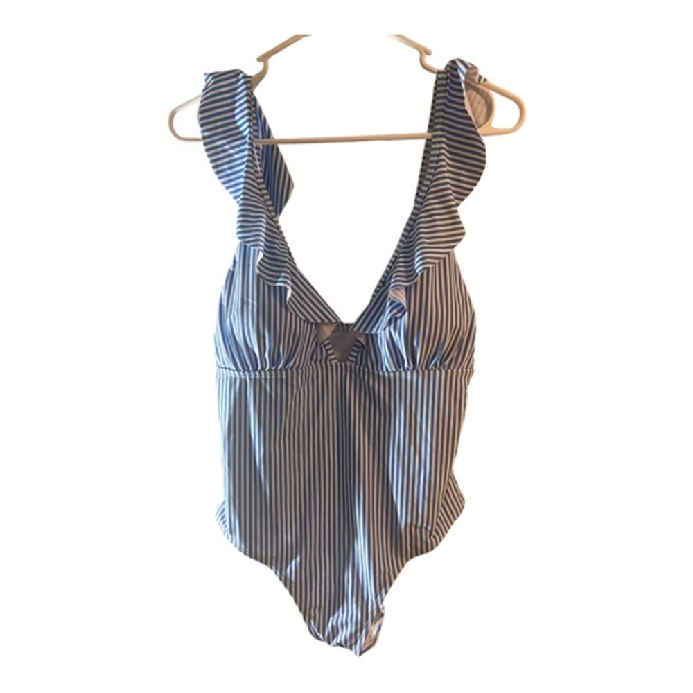 BEACHSISSI BLUE AND WHITE STRIPED ONE‎ PIECE BATHING SUIT NWT L